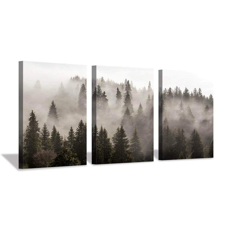 Hardy Gallery Foggy Forest Picture Wall Art: Landscape Painting Misty Pine Trees Artwork Print on Canvas for Kids Rooms(16"x12"x3pcs) - Image 1